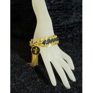 Fluer De Lis Black Leather & Gold Link Braclet.